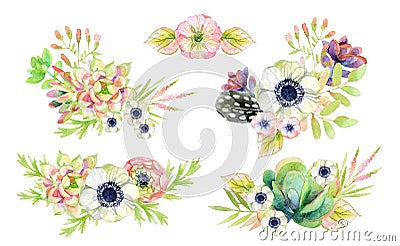 Watercolor flower arrangement in vintage style with feathers. Stock Photo