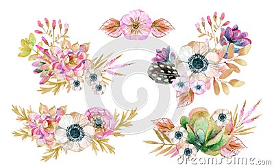 Watercolor flower arrangement in vintage style with feathers. Stock Photo