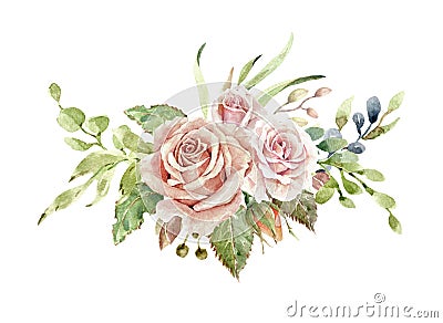 Watercolor flower bouquet,Leaf and buds, Botanic composition layer path, clipping path isolated on white background. Cartoon Illustration