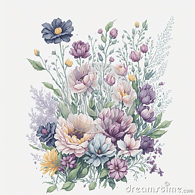 Watercolor flower clipart, spring flower, garden square bouquet Cartoon Illustration