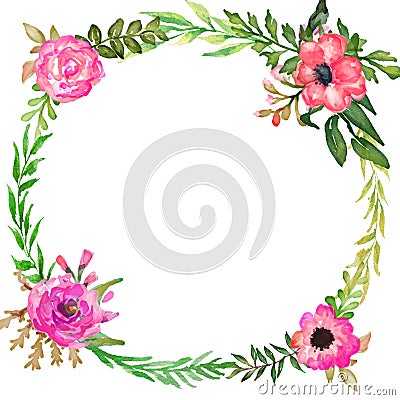 Watercolor flower frame circle. Wreath with flowering branches. botanical illustration Cartoon Illustration