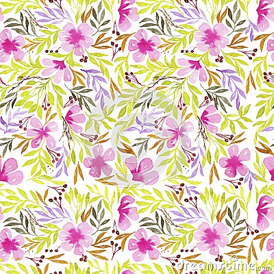 Watercolor flower pattern. Seamless pattern. Bright flowers, greens, sunny print. Textile design. Wrapping paper, gift wrapping. Cartoon Illustration