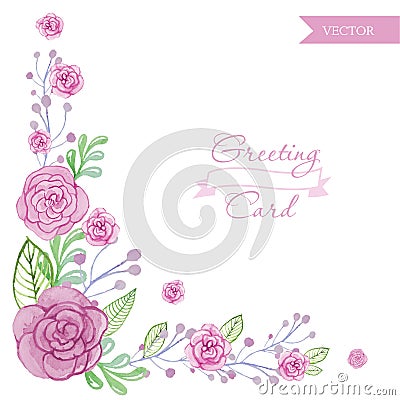 Watercolor flower roses greeting card. Vector Illustration