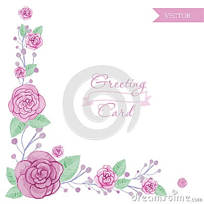 Watercolor flower roses greeting card. Vector Illustration