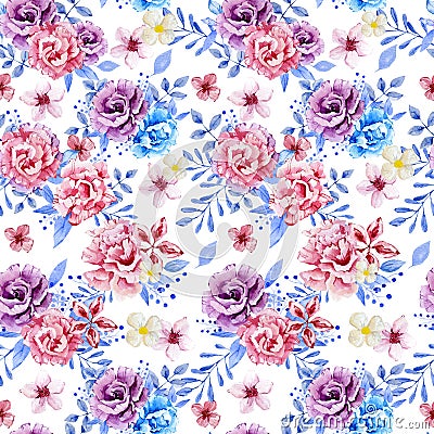 Watercolor flower seamless pattern with blue leaves and branches, dusty botanical bouquet. Christmas pattern design for wallpaper Stock Photo