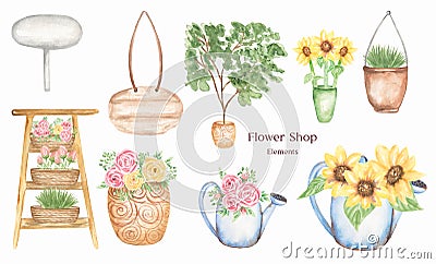 Watercolor flower stall with flowers set illustration, Flower shop element, street floral shop equipment, sunflowers in the pot, Cartoon Illustration