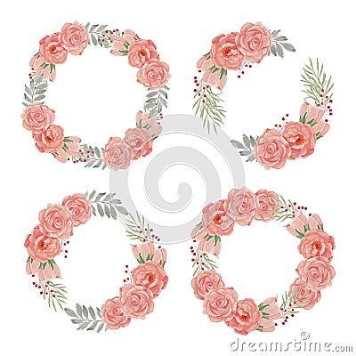 Watercolor flower wreath with peach rose collection Vector Illustration