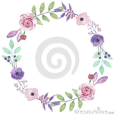 Watercolor Flower Wreath Purple Rose Garland Leaf Pink Roses Stock Photo