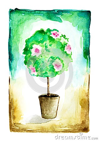 Watercolor flowering tree in a flower pot. Cartoon Illustration