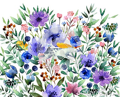 Watercolor flowers with animal on white background Stock Photo