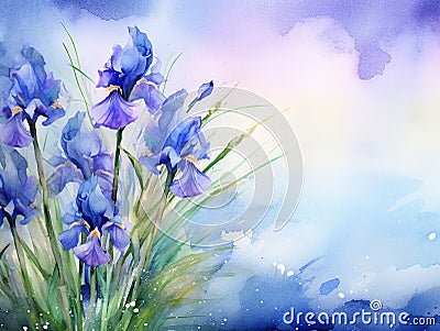 watercolor flowers background blue irises Cartoon Illustration