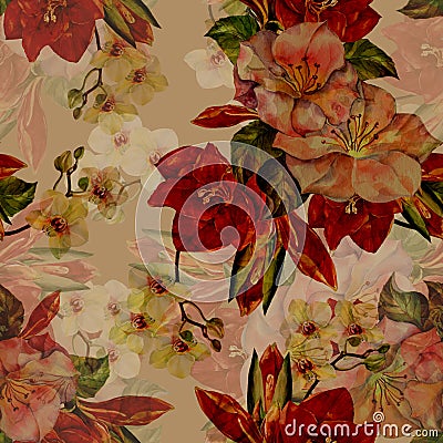 Watercolor flowers on beige background. Floral seamless pattern for design. Stock Photo