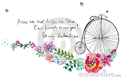 Watercolor flowers with bicycle Vector Illustration