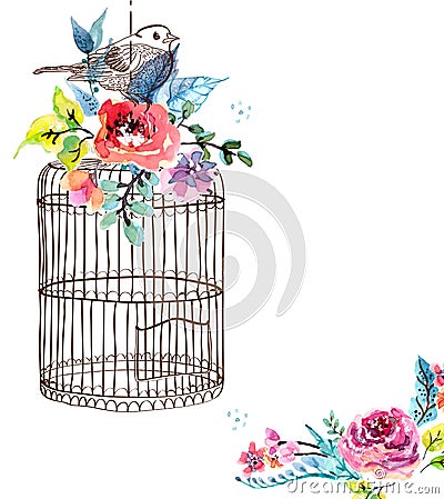 Watercolor flowers and bird cage Vector Illustration