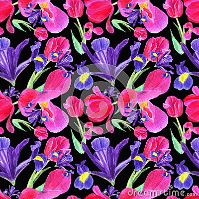 watercolor iris, tulip and leaves seamless pattern on black background Cartoon Illustration