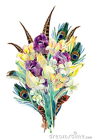Watercolor flowers bouquet, garden card design Cartoon Illustration