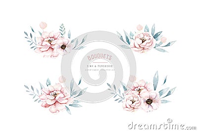 Watercolor flowers bouquet set. Colorful floral collection with leaves and flowers. Spring or summer design for Stock Photo