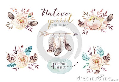 Watercolor flowers bouquets set with feathers. Watercolour color organic feather design print. Isolated illustration Cartoon Illustration