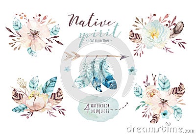 Watercolor flowers bouquets set with feathers. Watercolour color organic feather design print. Isolated illustration Cartoon Illustration