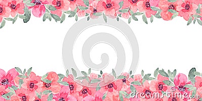 Watercolor flowers on the edges of a horizontal banner on a white background. Blooming blank for design, brochures, business cards Stock Photo