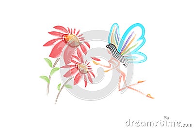 Watercolor flowers with a fairy girl butterfly vector Vector Illustration