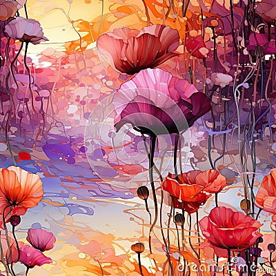 Watercolor flowers in the field at sunset in a neo-abstract realism style (tiled Stock Photo