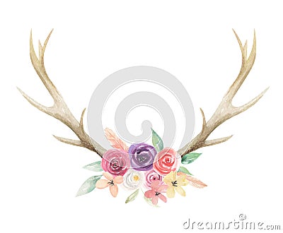 Watercolor Flowers Florals Antlers Deer Stag Horns Bone Painted Stock Photo