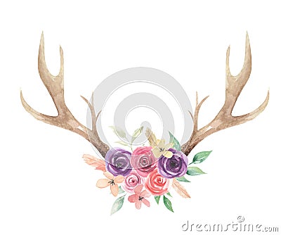 Watercolor Flowers Florals Antlers Deer Stag Horns Bone Painted Stock Photo