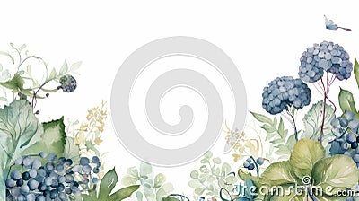 Watercolor Flower Border: Hydrangea, Fern, Chrysanthemum On White Background Cartoon Illustration