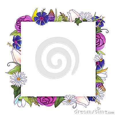 Watercolor flowers frame. Springtime. Stock Photo