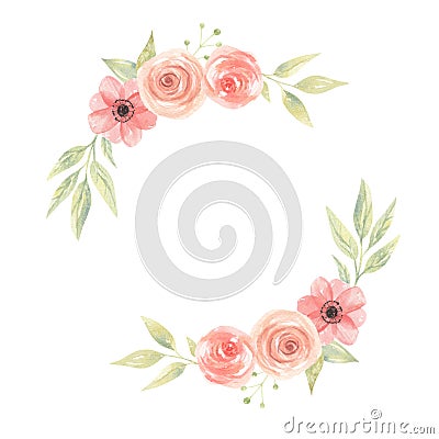 Watercolor Flowers Garland Floral Peach Coral Painted Wreath Leaves Stock Photo