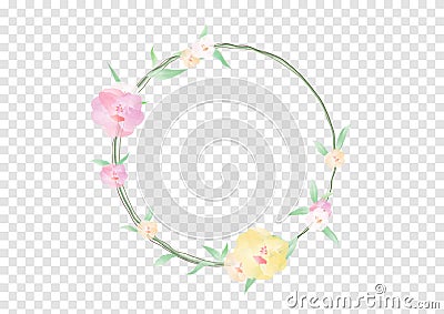 A Watercolor flowers and green leafs on the circle crownd with branch and rope, beautiful floral frame banner Vector Illustration