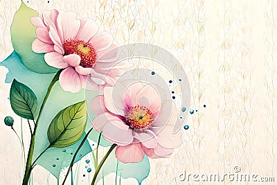 watercolor pink flower and green leaves on the isolated background, ai art Stock Photo