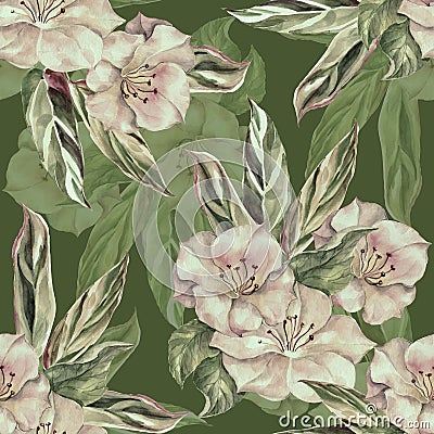 Watercolor flowers with leaves. Monochrome seamless pattern on green background. Stock Photo