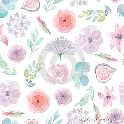 Watercolor flowers and leaves seamless pattern Stock Photo