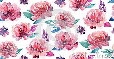 Watercolor flowers pattern. Coral and pink Stock Photo