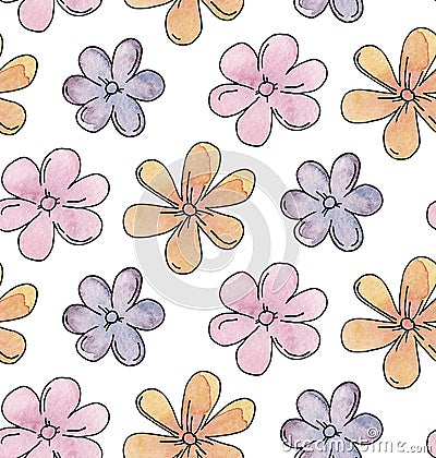 Watercolor flowers pattern. Kids cartoon background Stock Photo