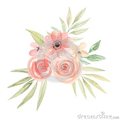 Watercolor Flowers Peach Bouquet Coral Floral Painted Arrangement Leaves Stock Photo