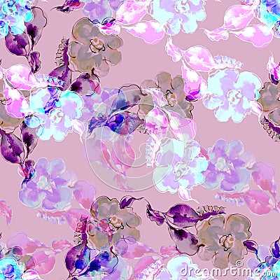 Watercolor flowers on pink background. Seamless pattern. Stock Photo