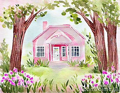 Watercolor of Flowers Pink House Stock Photo