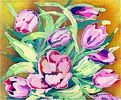 Watercolor flowers pink tulip. Small Illustration on a beige background Cartoon Illustration