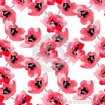 Watercolor flowers red poppy seamless pattern. Vector Illustration