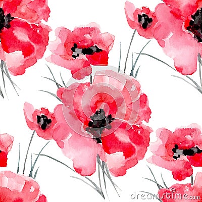 Watercolor flowers red poppy seamless pattern. Vector Illustration