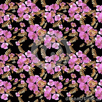 Watercolor flowers roses peonies seamless pattern. Stock Photo