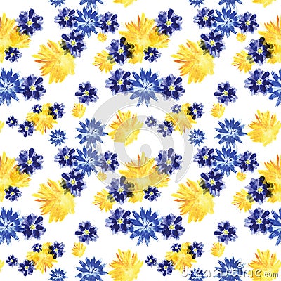 Watercolor flowers seamless pattern. Yellow dandelions, blue chicory and pansies, wildflowers. Tight summer pattern Cartoon Illustration