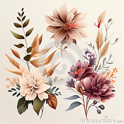 Watercolor flowers set. Collection of decorative elements bright colorful flowers, leaves, grass, hand drawn with watercolors. Stock Photo