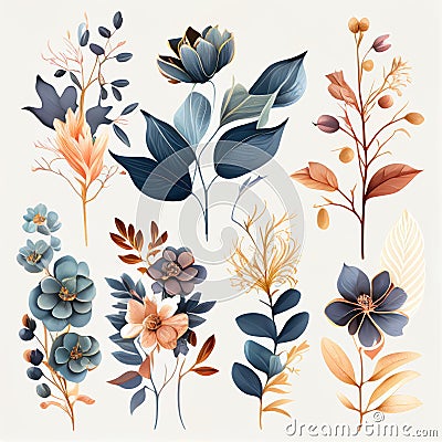 Watercolor flowers set. Collection of decorative elements bright colorful flowers, leaves, grass, hand drawn with watercolors. Stock Photo