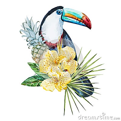 Watercolor flowers with toucan Vector Illustration