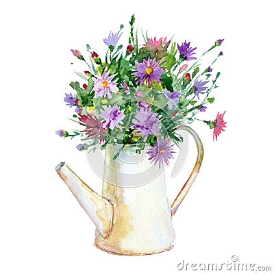 Watercolor flowers in vase. Stock Photo