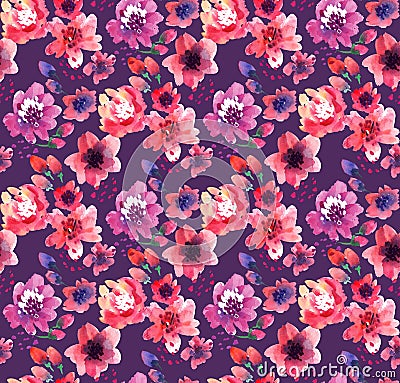 Watercolor flowers on violet background Cartoon Illustration